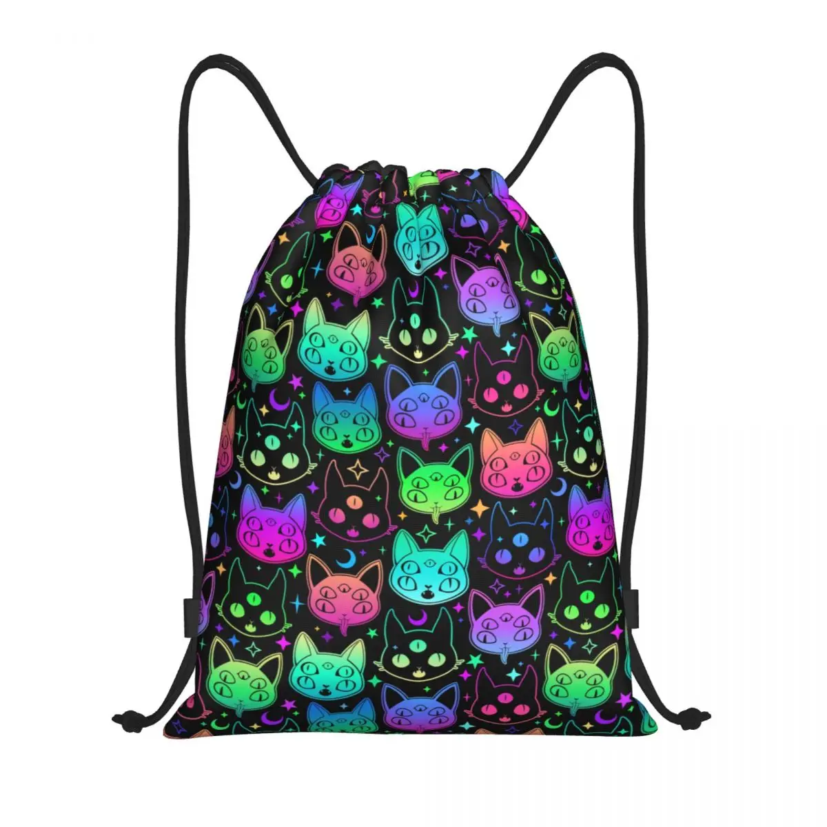 Custom Halloween Colorful Witch Magic Witchcraft Cat Drawstring Bag Men Portable Sports Gym Sackpack Shopping Storage Backpacks