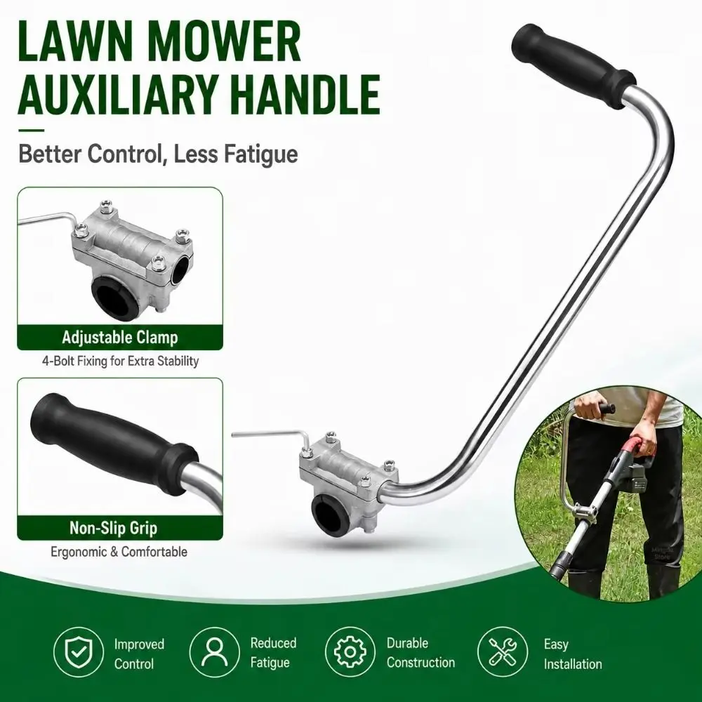 1Pcs 40x13.5cm Grass Trimmer Auxiliary Handle Metal Tube Plastic Rubber Grip Brush Cutter Handle Adjustable Clamp Silver Black