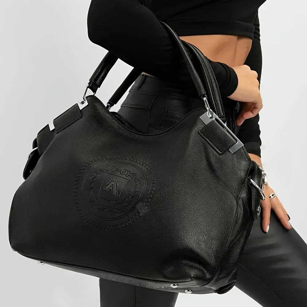 

Ladies' fashionable vegan leather handbag, large capacity retro handbag, silver hardware decoration letter ladies' wallet