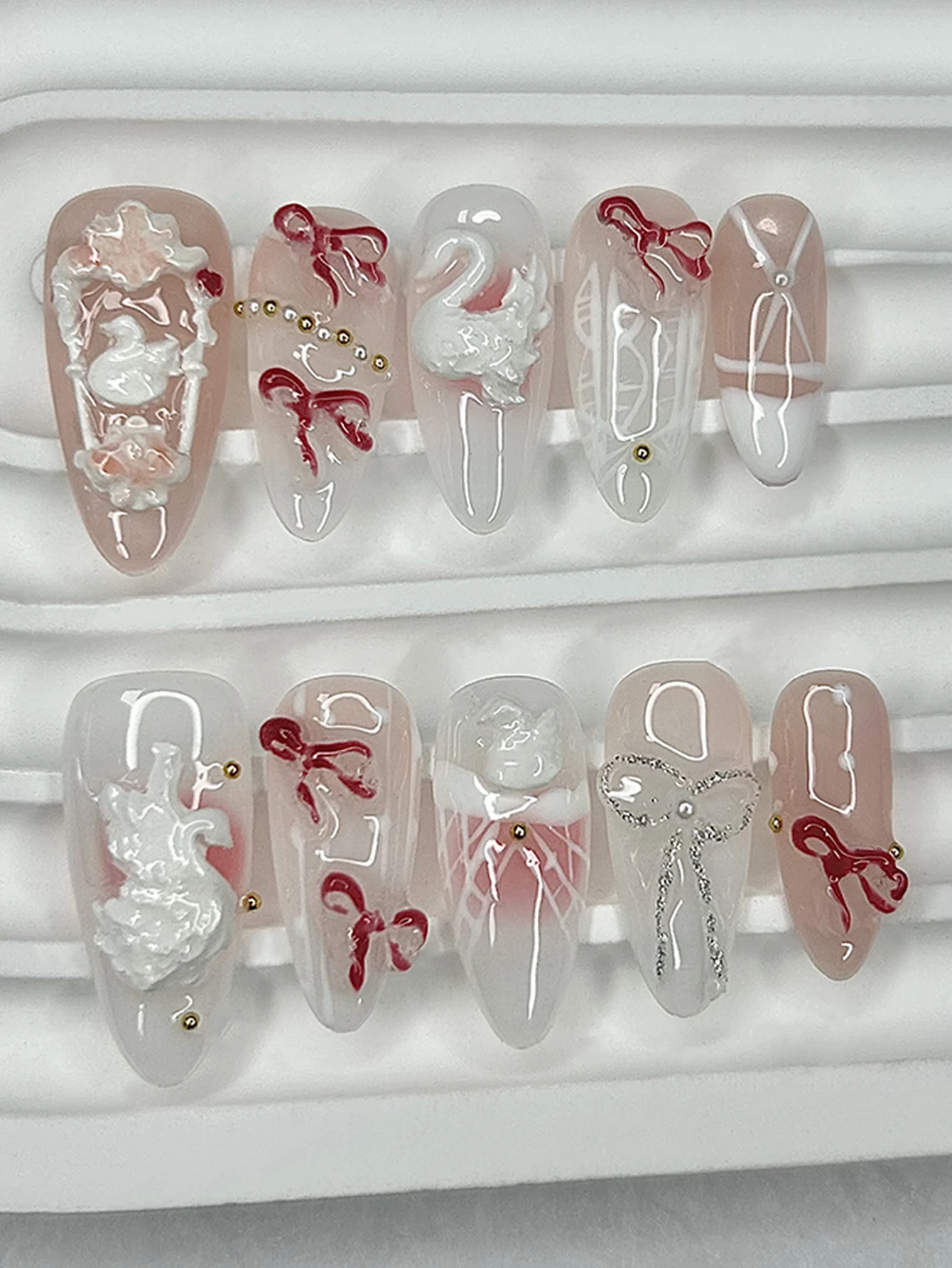 

10 шт., элегантные романтические розовые румяна, миндаледы, ручная работа, накладные ногти в китайском стиле, 3D лебединое искусство, съемные, многоразовые