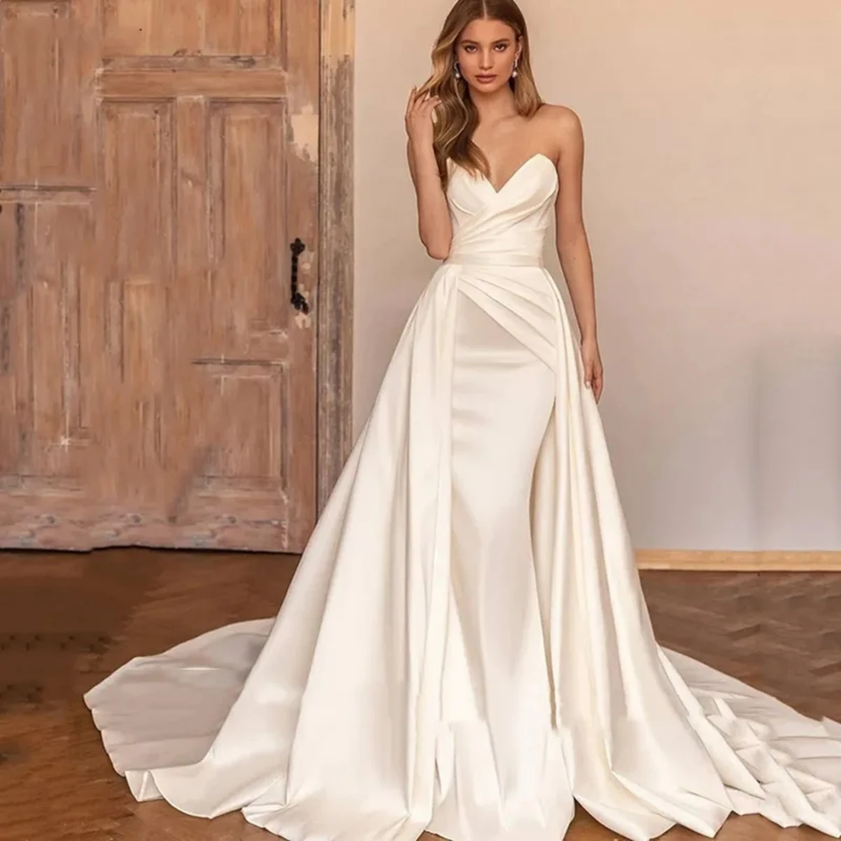 

Haohao 2024 Sexy Pleat Satin Off Shoulder Mermaid Wedding Dresses Sweetheart White/Ivory Bridal Gowns vestidos de novia