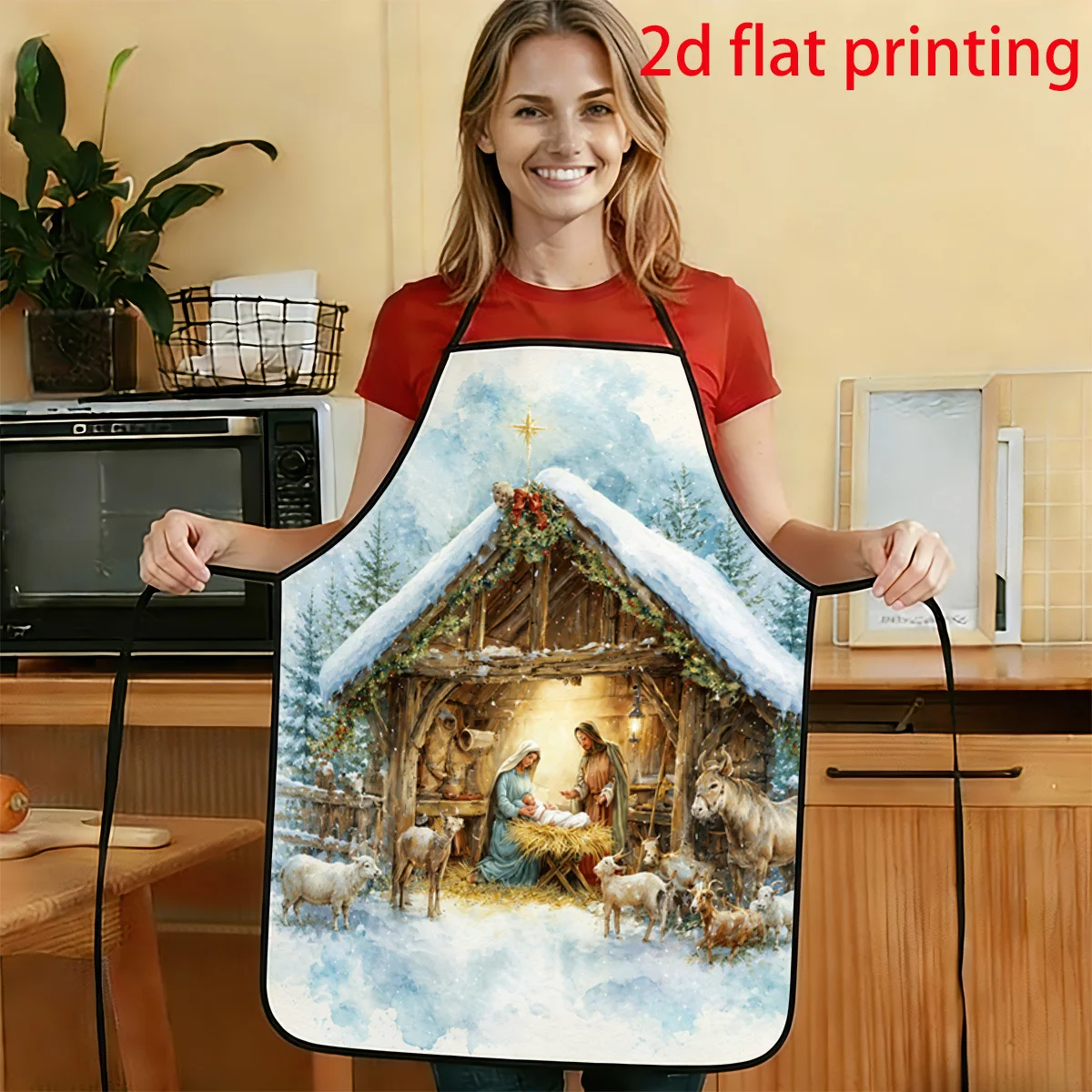 1pc 2D Flat European Country Style Snowy Night Wooden Cottage Holy Flock Pattern Printed Apron Durable And Easy To Clean Adjusta