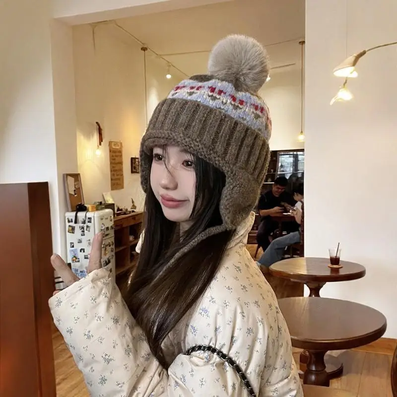عادل جزيرة نمط الرجعية الجاكار محبوك بيني قبعة للنساء الخريف الشتاء الدافئة تنوعا لطيف بوم بوم حماية الأذن قبعة #4