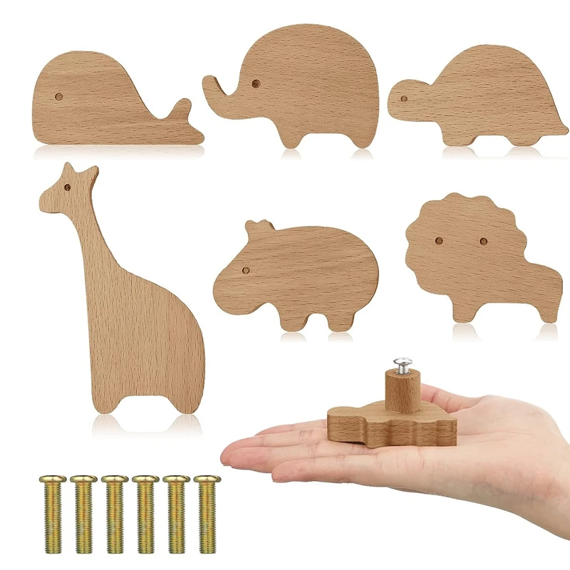 Wooden Animal Cabinet Knobs Decorative Dresser Knobs With Screws Dresser Pulls Wood Marine Woodland Animals Knobs 6Pcs Durable