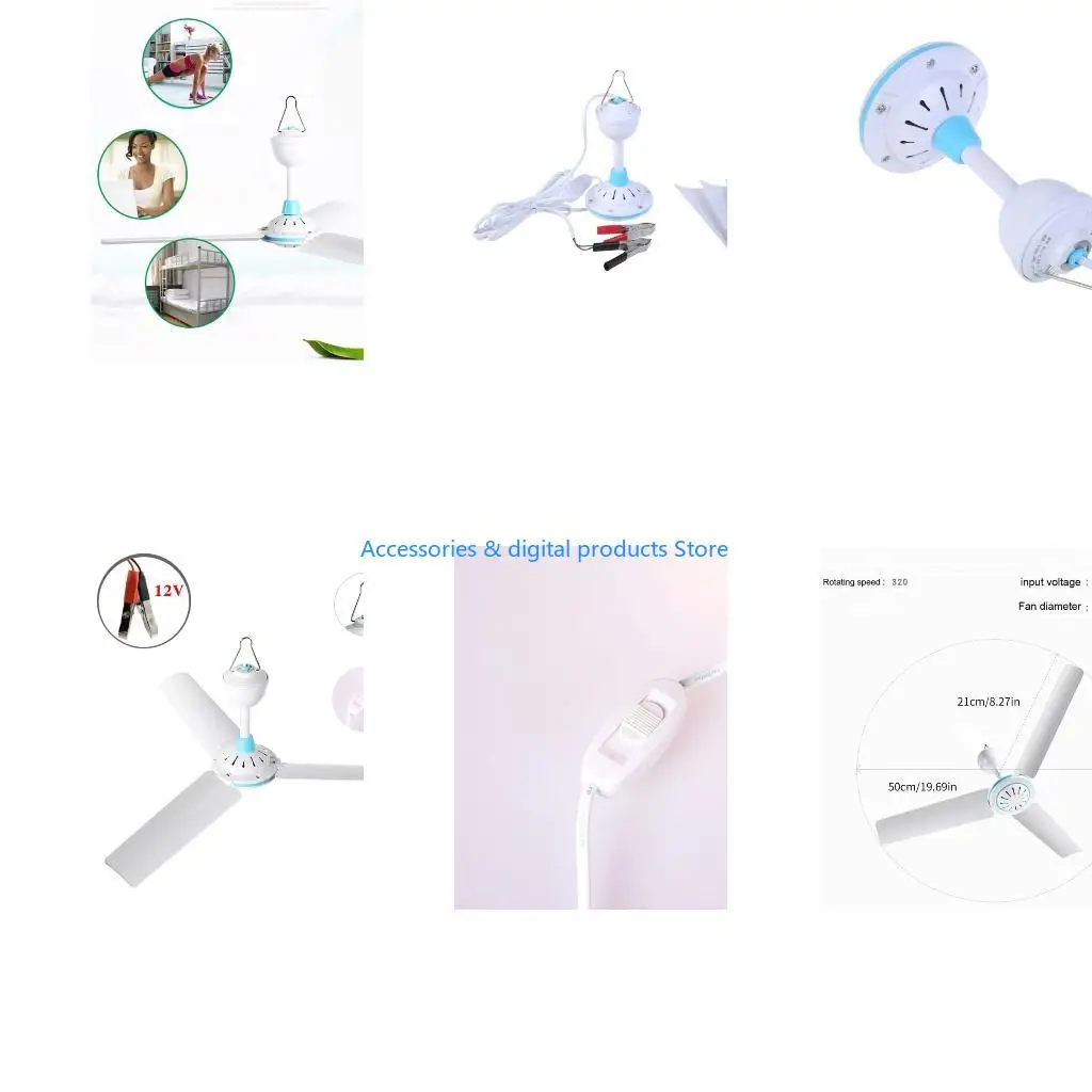 77JD Portable Hanging Fan Gazebos Ceiling Fan 6W 12V Ceiling Fan with Switches Tent Fan