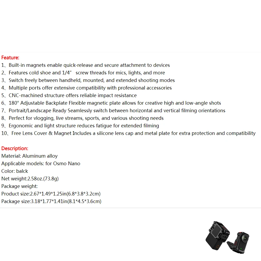 

Металлический каркас-клетка для DJI Osmo Nano, магнитный быстросъемный защитный каркас для камеры, расширяемый кронштейн для крепления, аксессуары