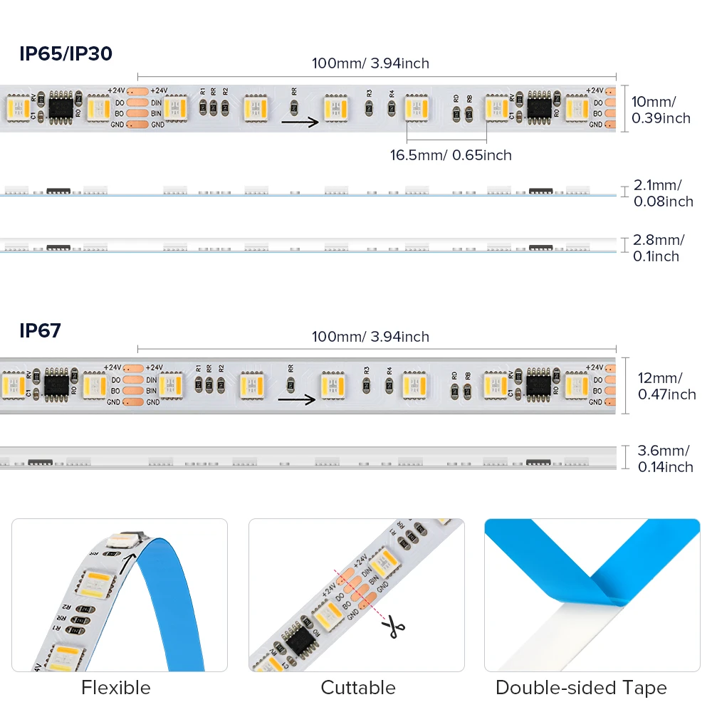 WS2805 SPI RGBCCT Pixel Led Strip 4Pin 60Leds/m IP30 IP65 IP67 Waterproof Addressable Smart Led Lights Strip Black White PCB 24V