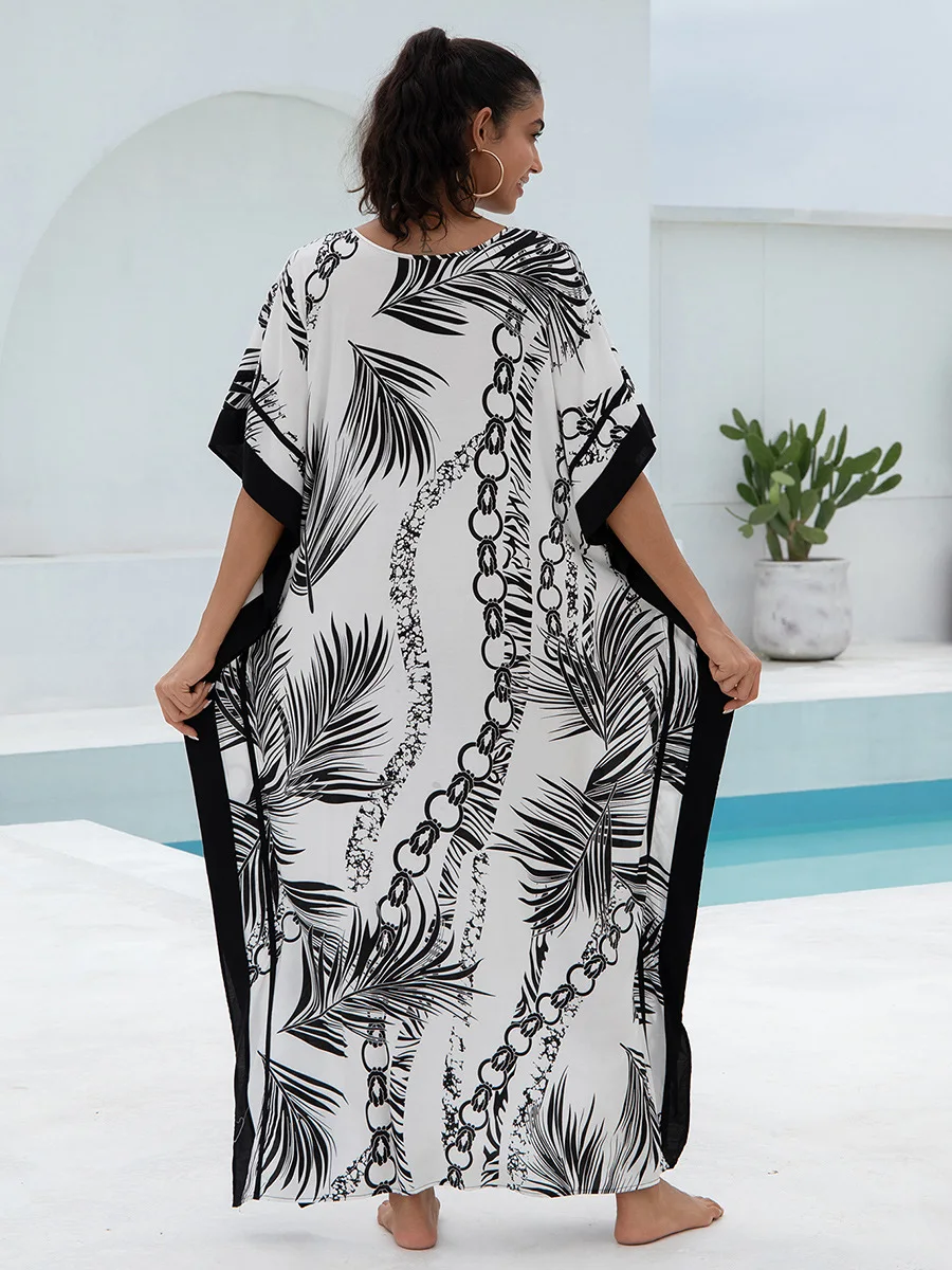 Cover-ups Chain Print Women white Swimsuit Loose Fitting Long Robe Beach Vacation V-neck Sunscreen Clothing Bikini 2025 Summer