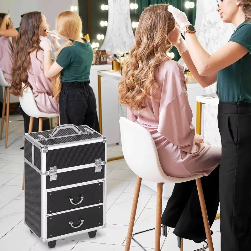 Professional Makeup Case Trolley, Lock with 2 Keys and Wheels, Black 36x23x52cm