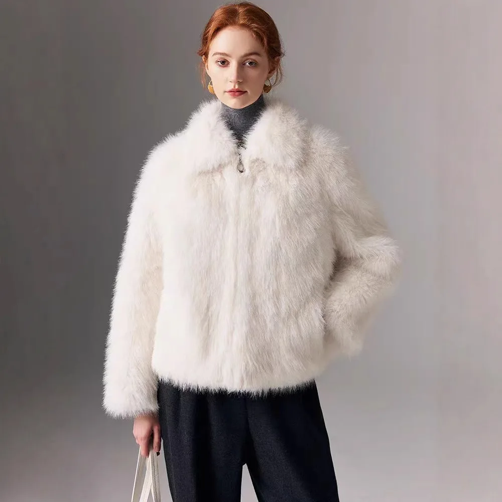 KIDCRKJ الشتاء Wowen معطف فرو الثعلب الصناعي الأبيض التلبيب طوق سستة الفراء سترة للإناث الحلو سيدة الفراء الاصطناعي أبلى #2