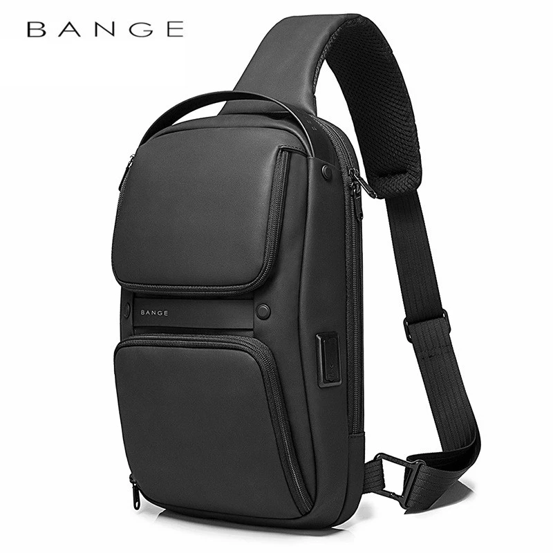 BANGE Men Casual Sling Bag with USB 2.0 Charging Port, Waterproof Chest Packs with Dry Wet Compartment for Storage Daily Commute