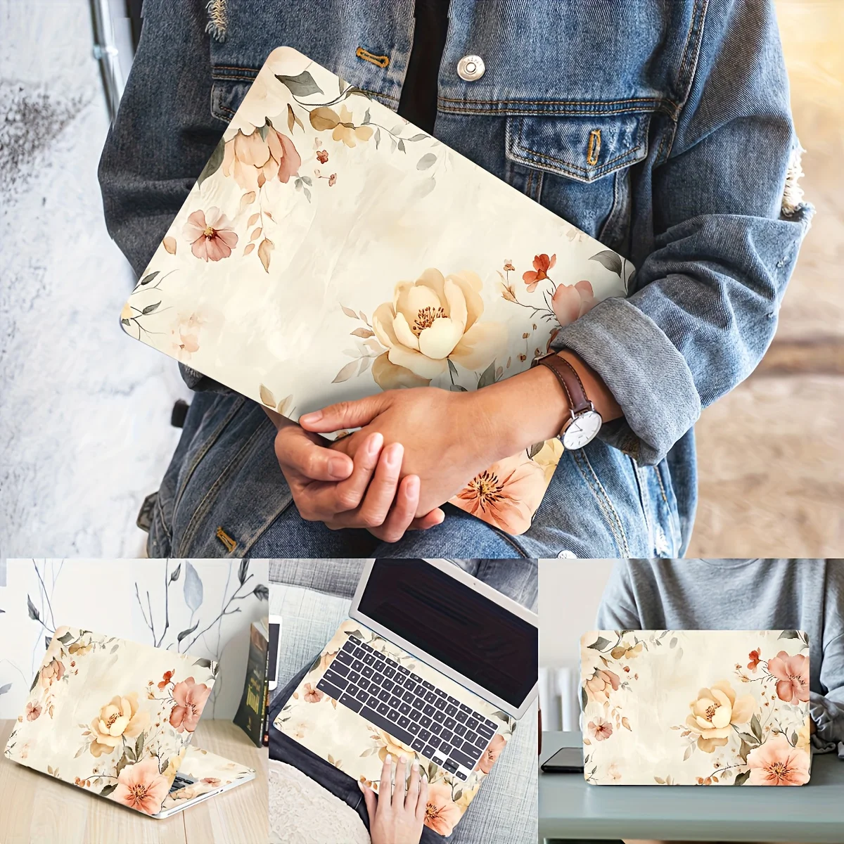 

Vinyl Laptop Case Floral Stickers, 2 Pieces/Set, Scratch Resistant DIY Art Case, Universal Netbook Skin Stickers Non-Reusable