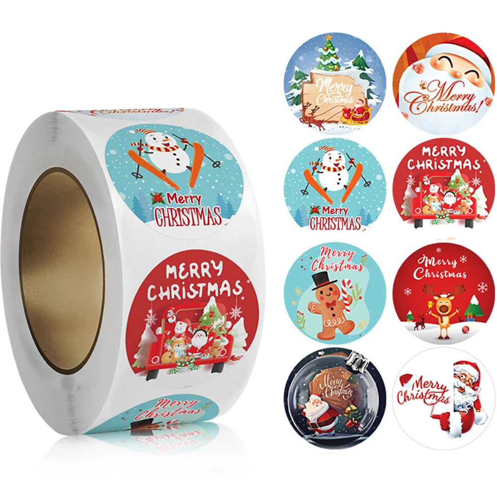 100-500pcs Merry Christmas Stickers Round Adhesive Decorative Envelope Seals Stickers for Holiday Card Gift Tag Baking Goods