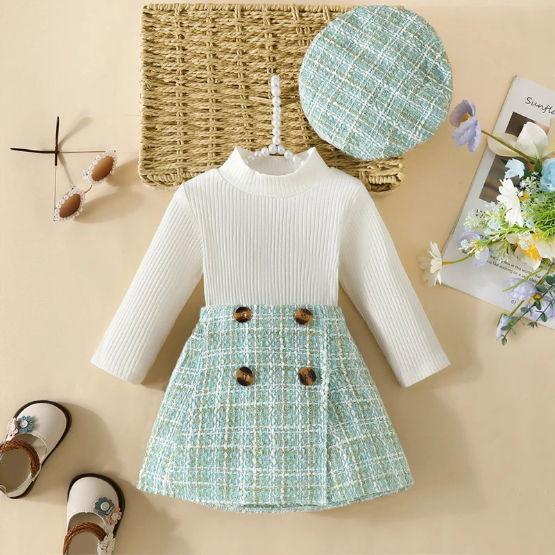 3Pcs Outfits Fashion Baby Girl Clothes Turtleneck Tee Long Sleeve Tops Plaid Skirts with Hat Infant Toddler Girl 6Months-3Years