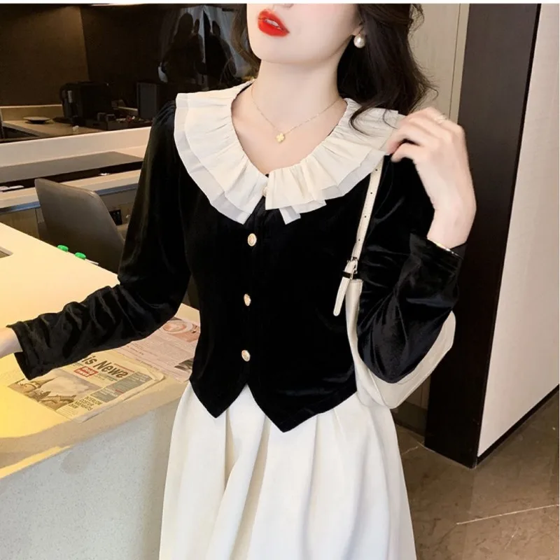 

New Double-layer Doll Collar Gold Velvet Top for Women's Elegant Single-breasted Shirt