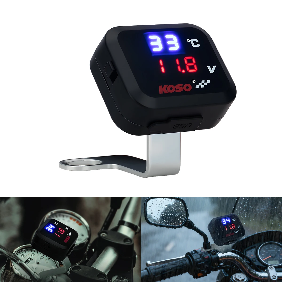 3IN1 Motorcycle USB Fast Charger with Voltmeter and Thermometer Waterproof USB Sockets For Cell Mobile Phone Emergency Charging