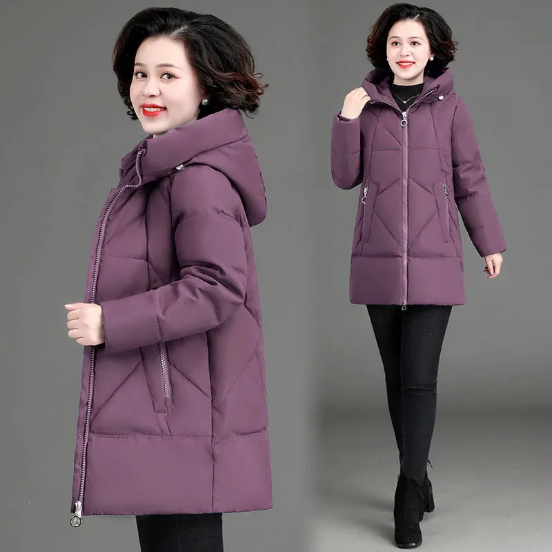 Middle-aged Mother Down Cotton Clothes 2022 New Women Parkas Winter Jacket Mid-Length Solid Color Hooded Padded Coat Thick Parke