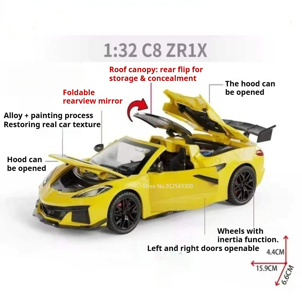 1:32 Scale C8 ZR1X C2 Model Toy Car Metal Diecast Doors Opened Supercar Rear Wheel Pull Back Models Toys Exquisite Gifts view 2