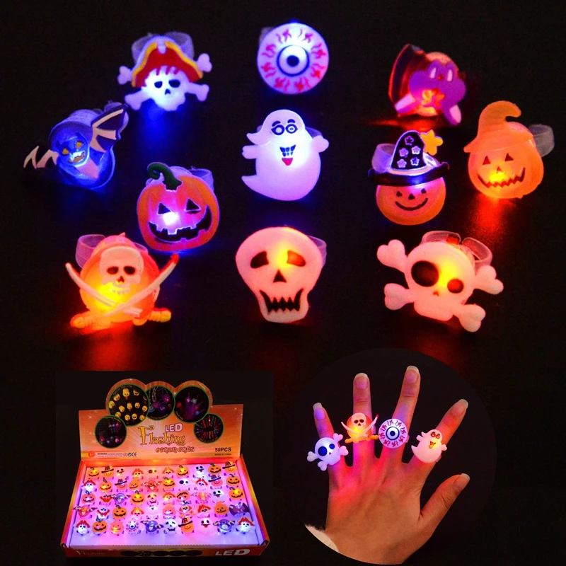 

10pcs Creative Pumpkin Ghost Skull Bat Luminous Rings Happy Halloween Party Luminous Rings LED Flash Finger Ring Children's Gift
