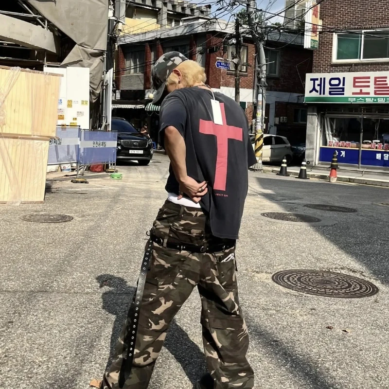 Grailz SS25 100% Cotton Pre-Washed Vintage Streetwear Letter Cross Short-Sleeve T-Shirt for Men and Women