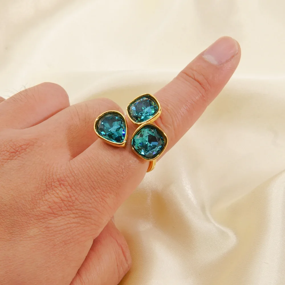 Multi-Color Fashion Jewelry Open Rings 18K Gold Plated Stainless Steel Simple Crystal Ring For Women Jewelry