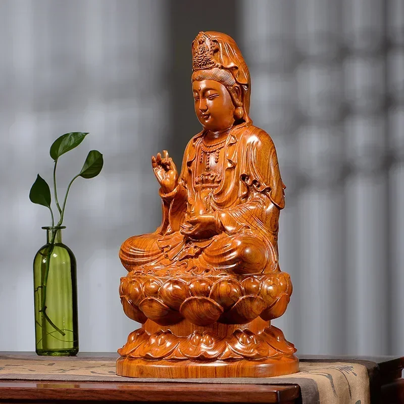 Guanyin Buddha Figure Wood Pear Carving Buddhism Buddha Statue Ornament Seated Lotus Guanyin Bodhisattva Home Decor