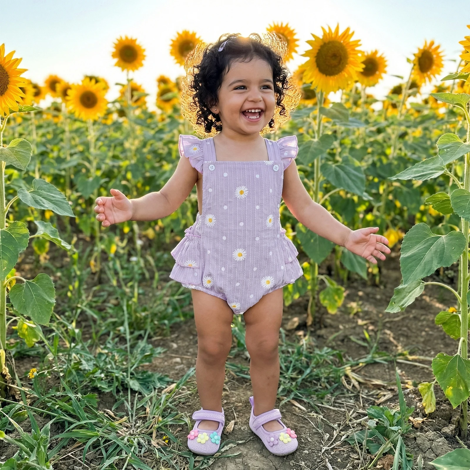 Newborn Baby Girls Summer Rompers Daisy Print Flying Sleeve Square Neck Tiered Ruffled Hem Jumpsuits Playsuits
