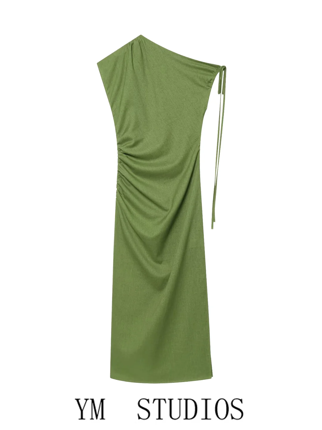 Green Slim Fit Asymmetrical Shoulder Split High Waist Pleated Women's Dress Fashionable Casual Travel Date Wear Polyester Fiber
