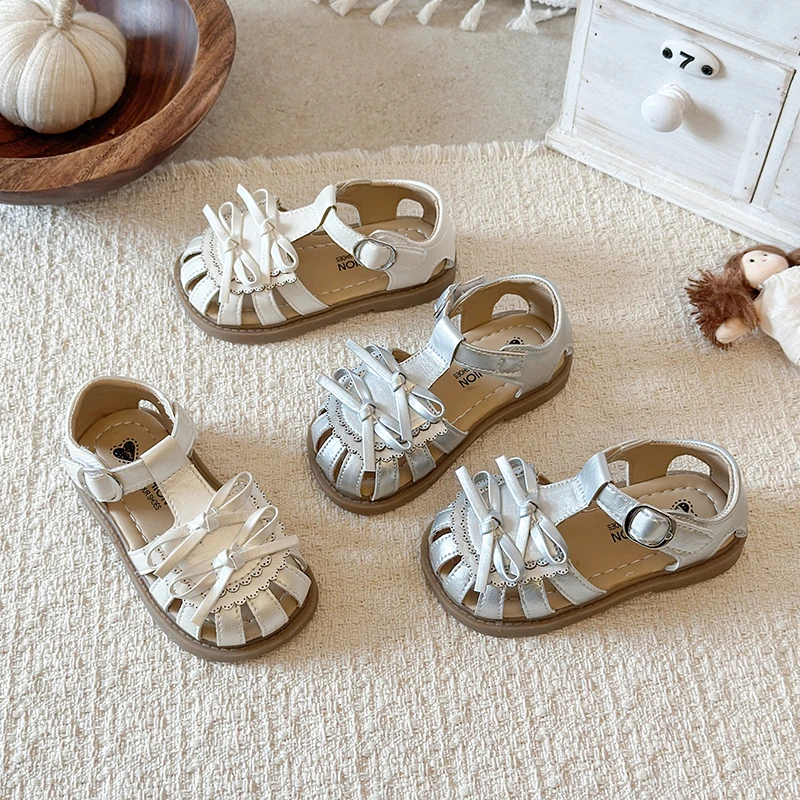 Girls Toes Capped Sandals with Bow-knot Children Summer Beach Shoes Lace Trim Kids Hollow Out Princess Shoes Size 21-30