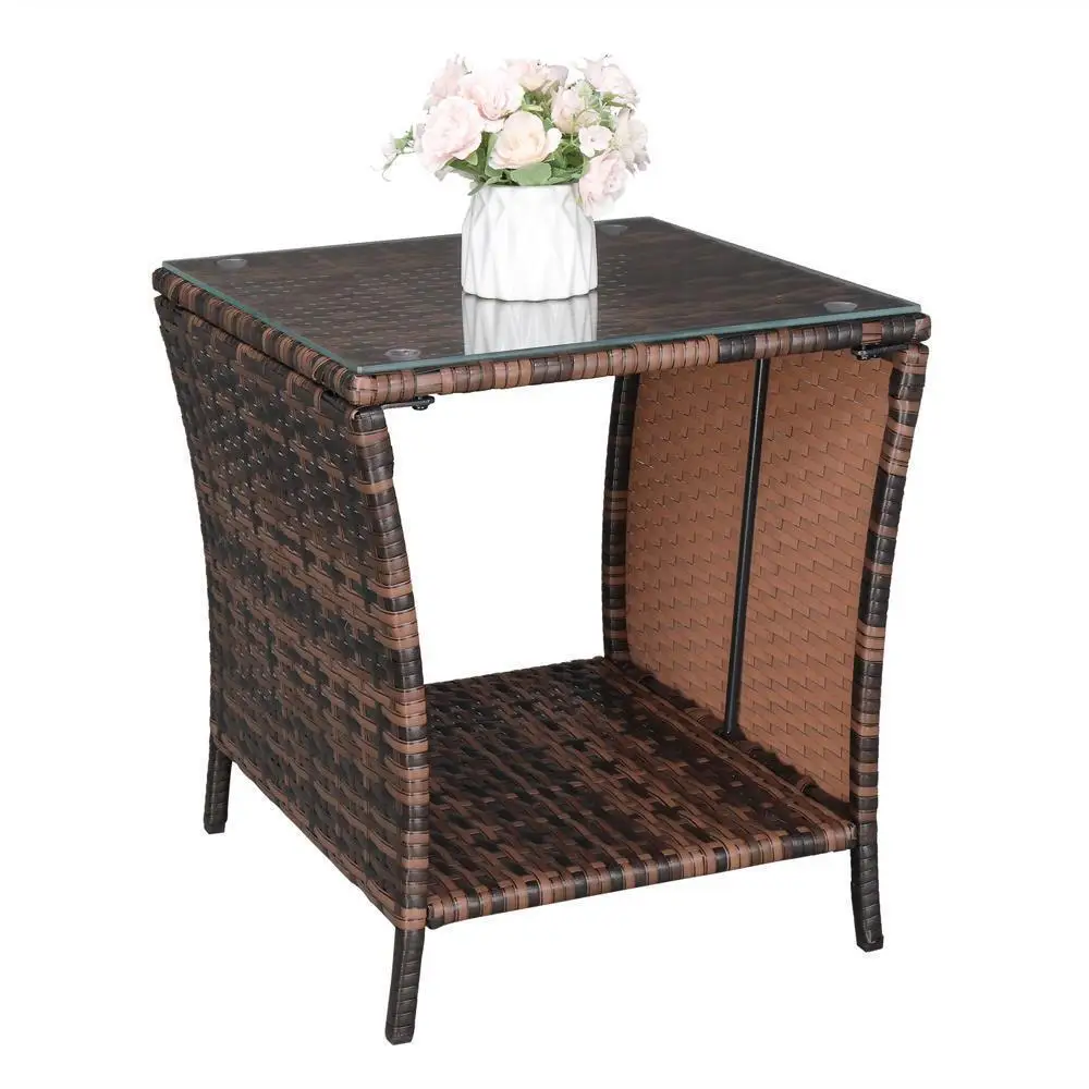 Wicker Rattan Square Side End Coffee Table Patio w/Glass Top Garden Furniture
