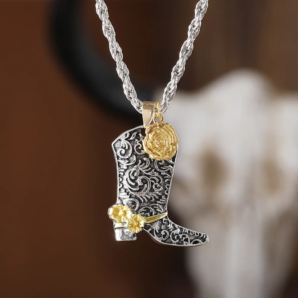 DIY accessories Amazon cross-border new golden rose boots necklace, hip-hop punk style retro pattern alloy jewelry