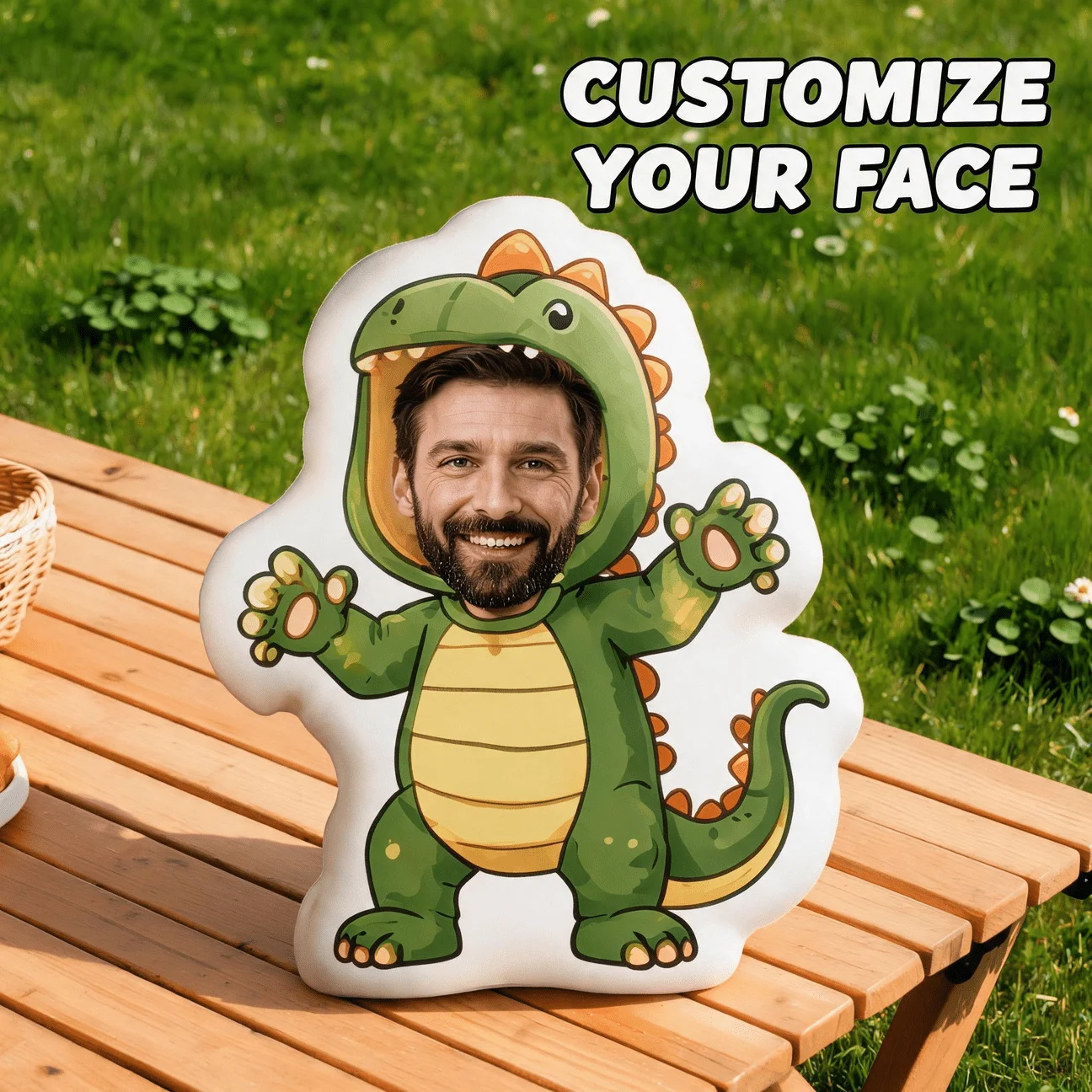 Custom Dinosaur Face Pillow Personalized Photo Cushion Green Cartoon Decor Sofa Gifts for Husband Boyfriend Birthday Father Xmas