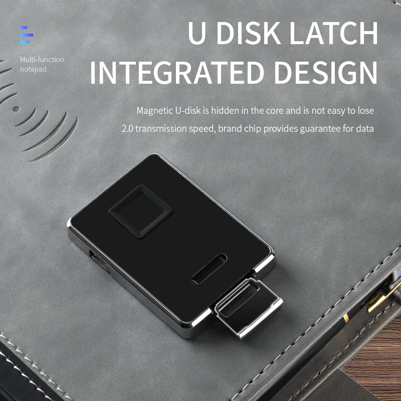 Fingerprint Lock Power Bank Notebook With Wireless Charging 16G Hidden U Disk Office Loose Leaf Diary With LED Logo Pannler