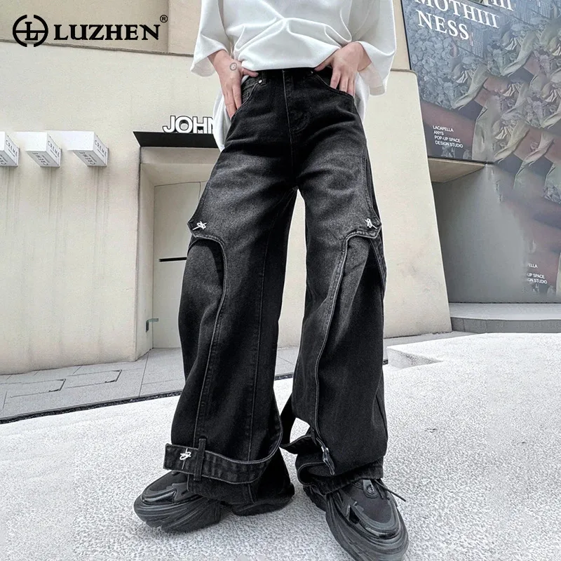 

LUZHEN 2024 Fashion Metal Decorate Splicing Design Jeans Men's High Street Belt Original Loose Denim Pants 2024 Trendy LZ5336