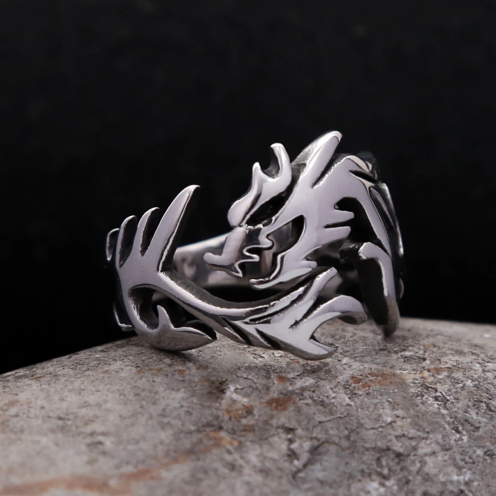 Punk Vintage Stainless Steel Viking Fire Dragon Ring For Men Women Hip Hop Animal Biker Rings Unique Creative Jewelry Wholesale