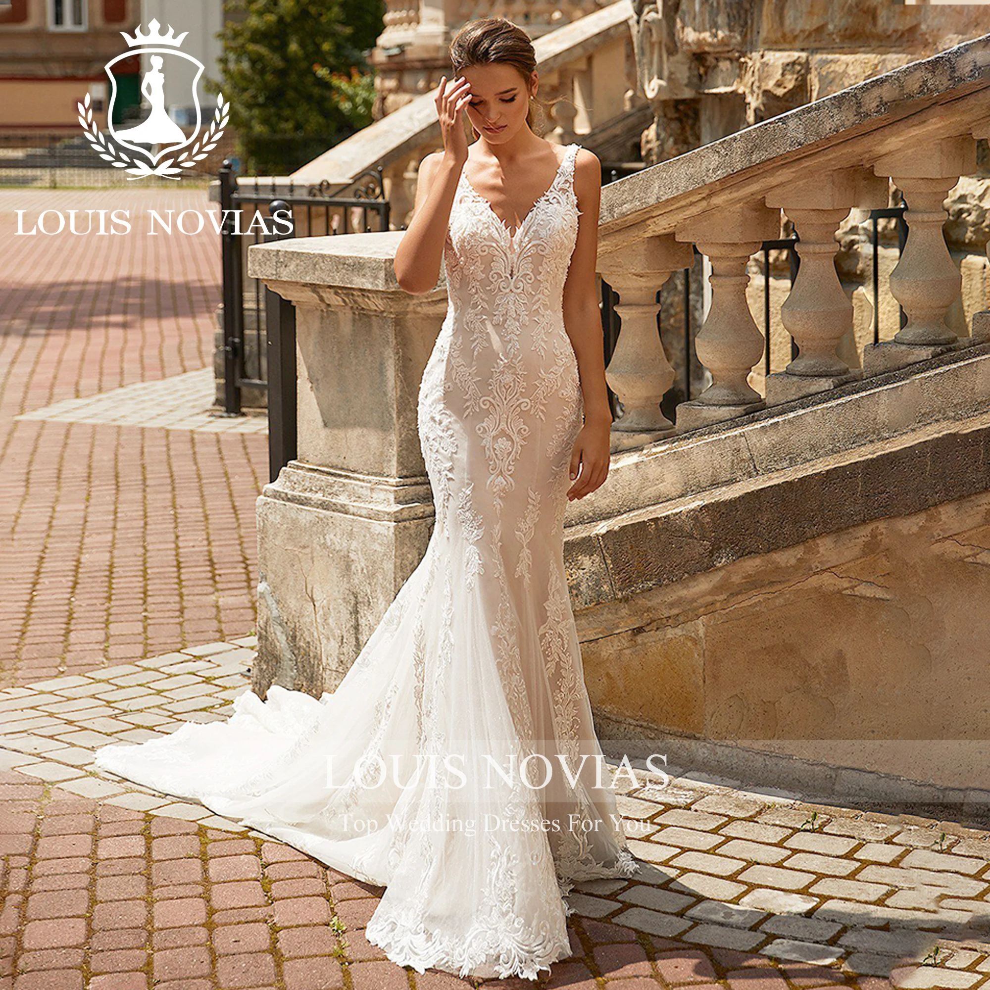 LOUIS NOVIAS-Vestido De Novia De sirena, traje con escote Corazón, tirantes finos, apliques, Espalda descubierta, tren De la capilla, novedad De 2023