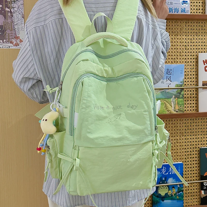 Women's Cute Backpack with Bow Details, Embroidered School Bag, Casual Lightweight Daypack
