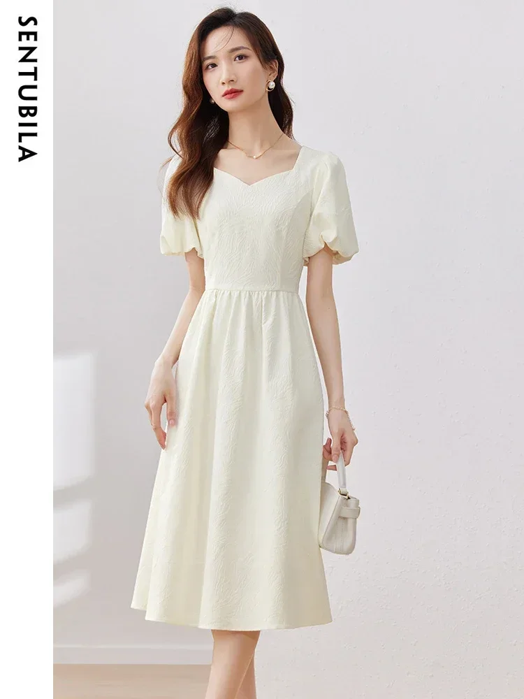 

SENTUBILA Summer Dresses For Women 2025 Classical Square Collar A Line Short Sleeve Elegant Fashion Apricot Dresses M32L48416