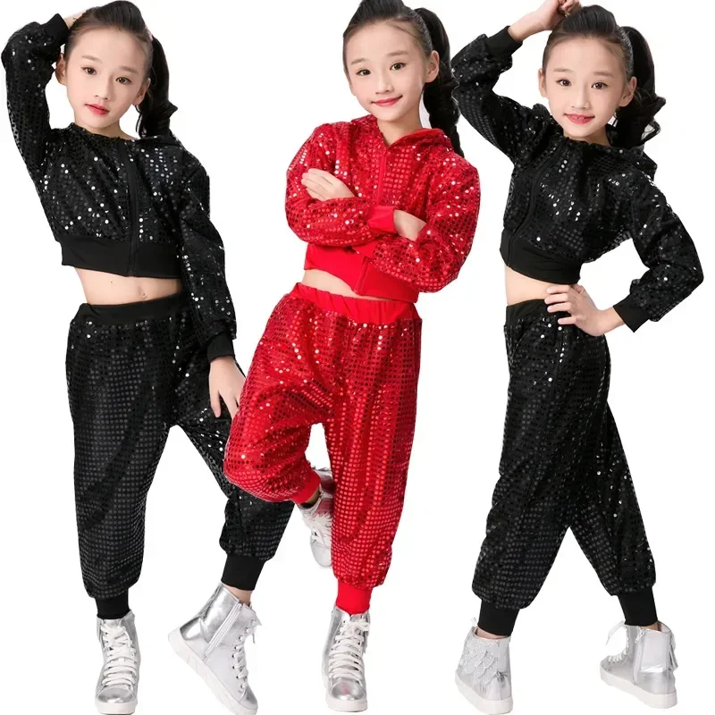 Girls Crop Top And Pant Performance Outfits Clothes Children Sequins Jazz Dance Modern Cheerleading Hip Hop Costume For Kids Boy