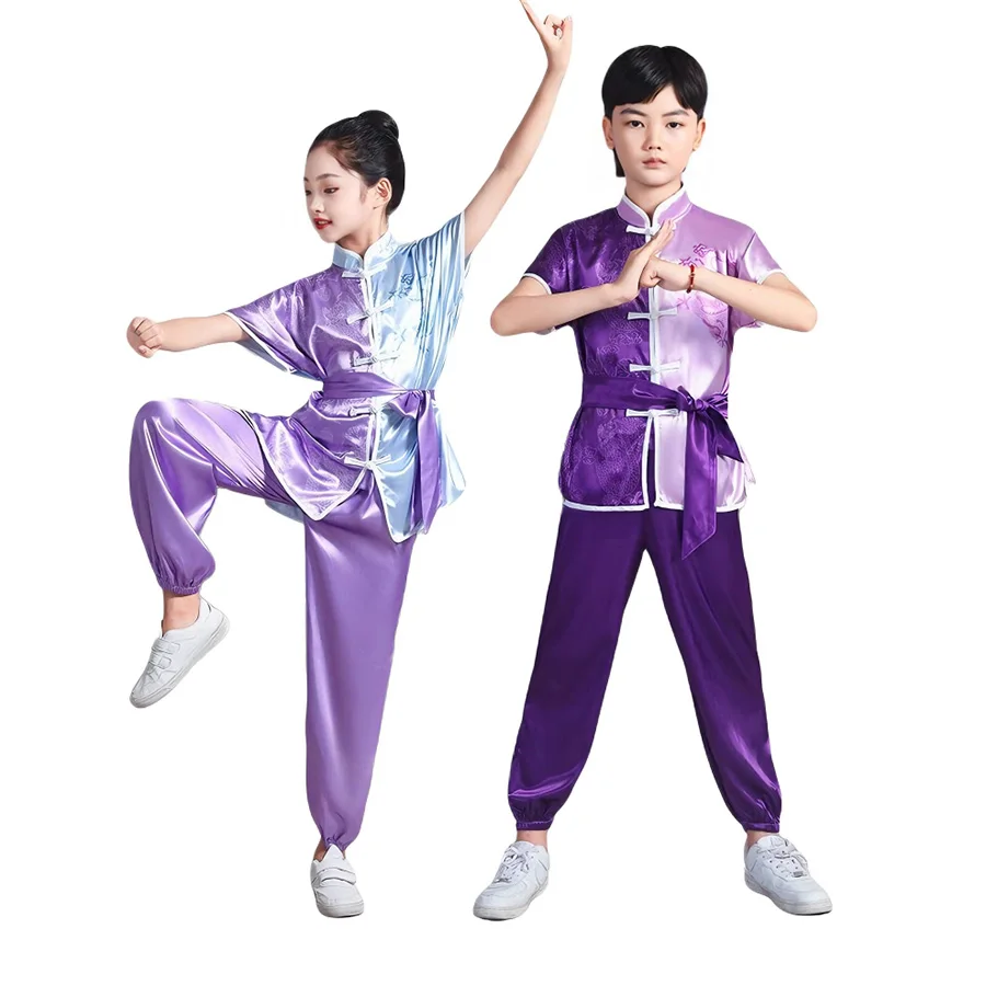 Unisex Children Chinese Kung Fu Uniform Satin Short/Long SleeveTai Chi Wushu Training Performance Outfit Set with Belt