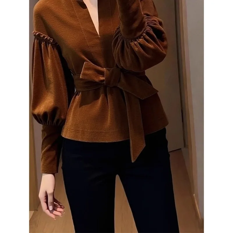 جديد الراقية المخملية بلوزة المرأة الخريف موضة أنيقة الخصر النحيف الدانتيل يصل القوس فانوس كم الخامس الرقبة بلون علوي مكتب سيدة #2