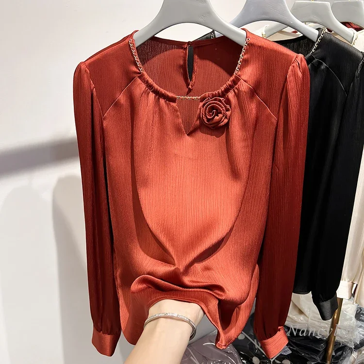 2024 Autumn Elegant Blouse for Women Round Neck Chain Stitching Solid Color Long Sleeve Chiffon Shirt Long Sleeve Red Blusas Top