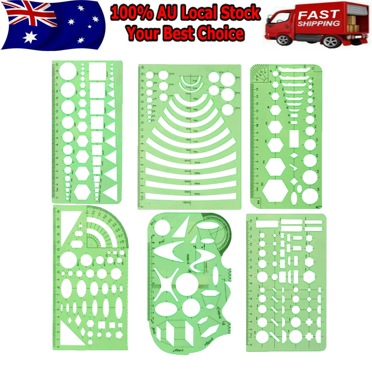 6pc Clear Green Plastic Geometry Ruler Set Transparent Geometric Drawing Template For Art Architecture