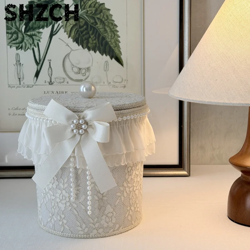 Cream Style Embroidery Lace Fabric Storage Bin with Lid & Handle Multifunctional Tissue Box Holder for Bedroom Jewelry Organizer