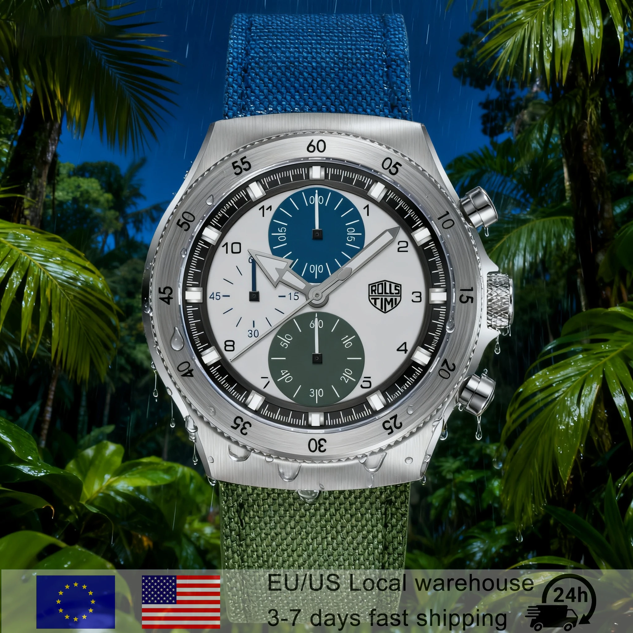 

RollsTimi 2025 Новые двухцветные нейлоновые роскошные кварцевые часы для мужчин, спортивный водонепроницаемый хронограф, японские наручные часы Movt для мужчин