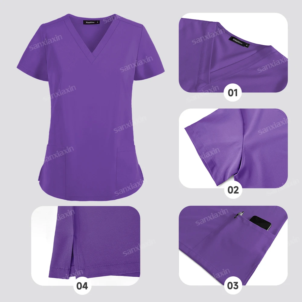 Uniformes médicos para mulheres e homens, Roupas de trabalho com decote em v, Scrubs e calças, Acessórios para médicos hospitalares e enfermeiros