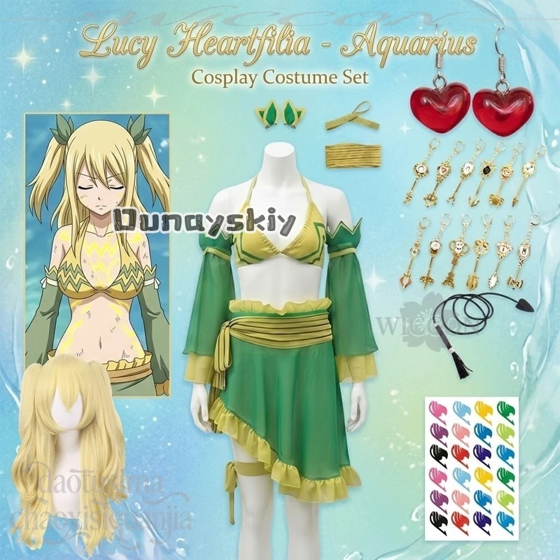 Disfraz de cosplay de Lucy Heartfilia de anime, traje de baño de Acuario verde y amarillo, bikini, vestido, arete, tatuaje, llavero, colgante, Halloween