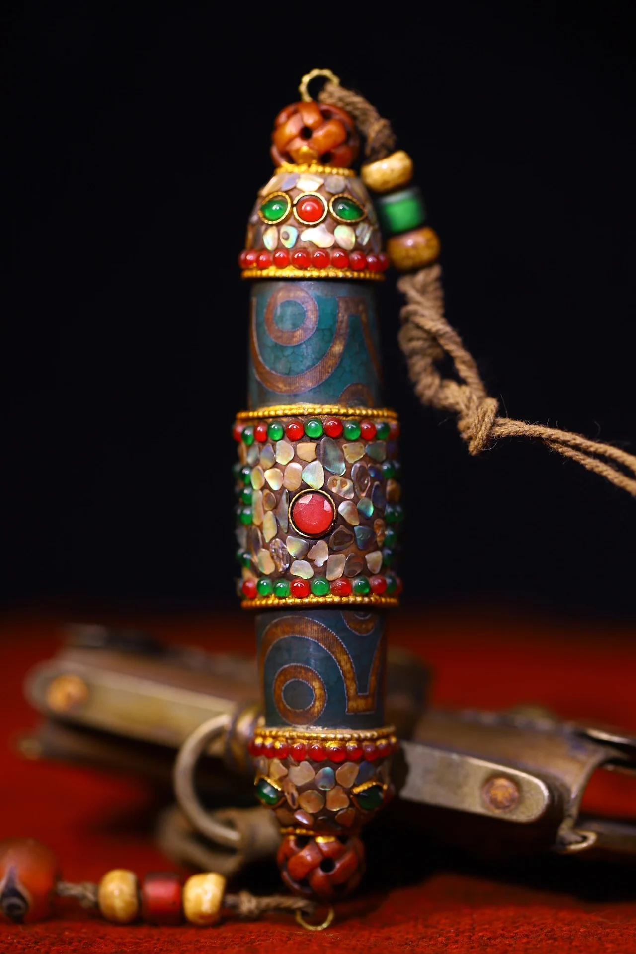 

6"Tibetan Temple Collection Old Natural Agate Filigree Mosaic Gem gZi Beads Shell Nine Eyes Pendant Amulet Town House Exorcism