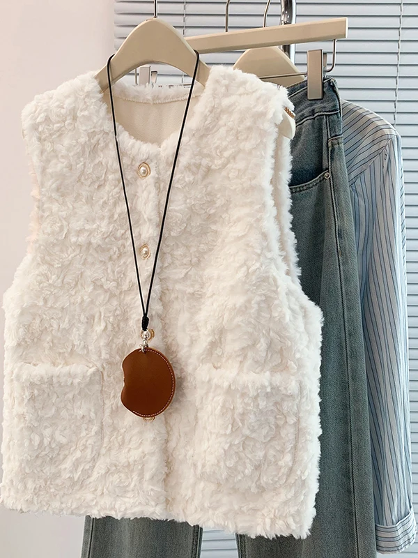 

Lamb Fur Vest Women's Autumn Winter Loose Lightweight Warm Svel Commute Sle round Ne Coat Outerwear Faionable