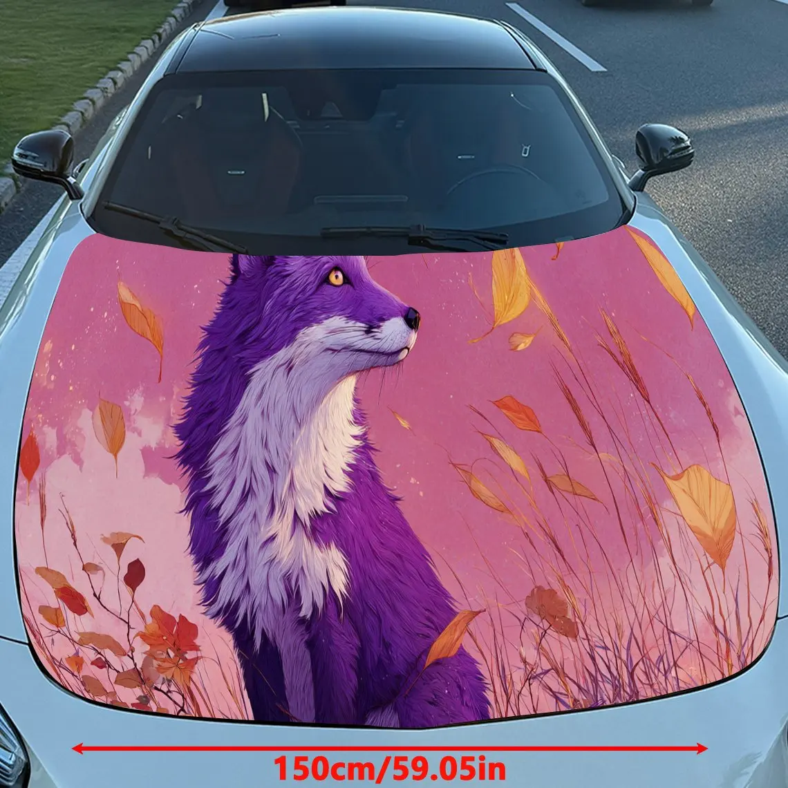 Trendy Autumn Field Purple Fox PVC Car Hood Wraps, Self-Adhesive Waterproof Car Bonnet Decal Sticker, Car Decoration Protection